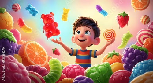 happy kid boy with gummy candy fruity jelly candy and child with cartoon colorful lollies candies flying