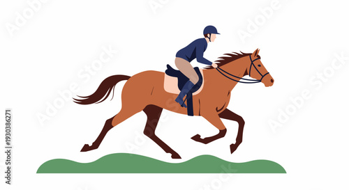 Horse and rider galloping fast across a green field