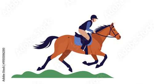 Equestrian athlete riding horse at full gallop on landscape