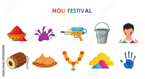 Icons representing Holi festival elements including powder splashes water gun bucket person drum sweets garland and handprint