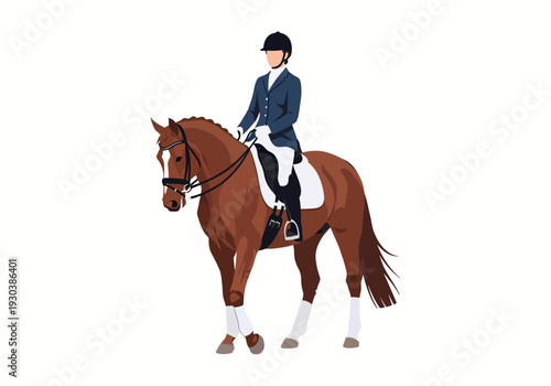 Elegant dressage rider performing on a bay horse in arena