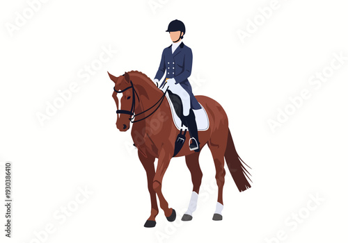 Front view of dressage rider on chestnut horse performing movements