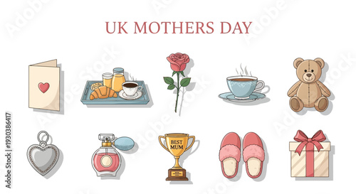 Illustrations of UK Mothers Day gifts card breakfast tray rose tea teddy bear locket perfume trophy slippers gift box