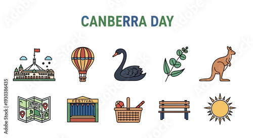 Illustration set for Canberra Day featuring landmarks flora fauna and activities