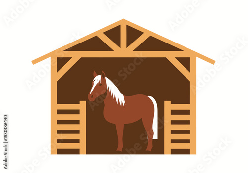 Brown horse with white mane standing in a rustic farm stable