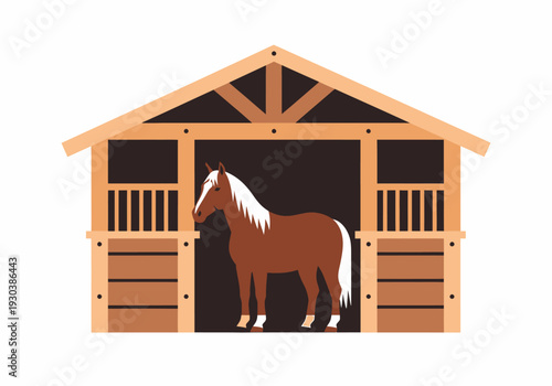 Classic wooden horse stable barn with brown horse inside