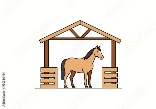 Simple illustration of a horse standing in a wooden stable stall