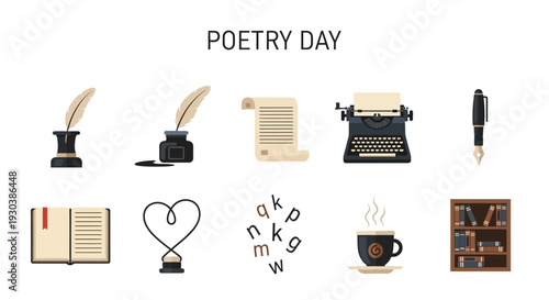 A flat design collection of items related to writing poetry on a white background