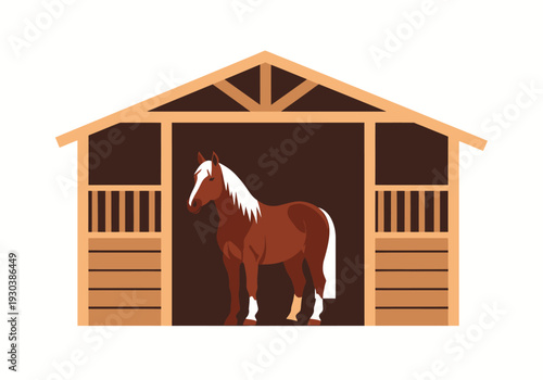 Detailed wooden horse barn with chestnut horse in open stall