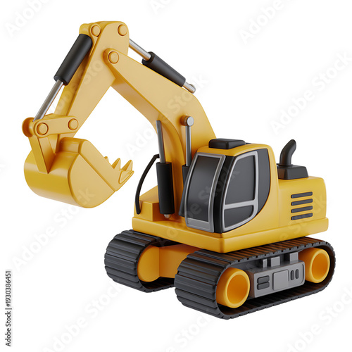 Stylized 3d render of a yellow excavator machine on transparent background