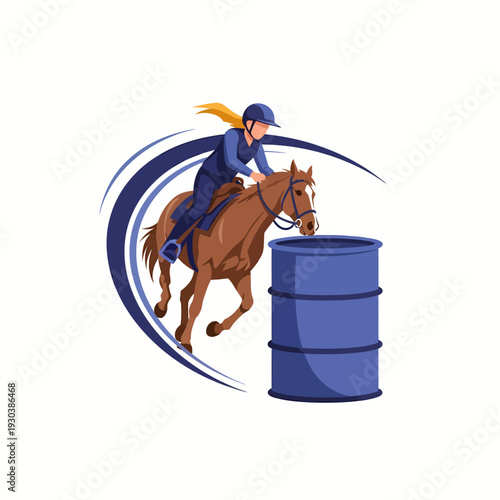 Equestrian athlete riding horse at full speed in barrel racing