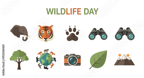 Graphic icons for Wildlife Day elephant tiger paw print binoculars globe camera leaf and mountains