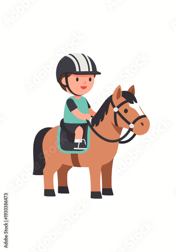 Happy young boy riding a pony during equestrian lesson