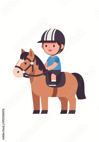 Little child on a pony wearing protective gear for riding lesson