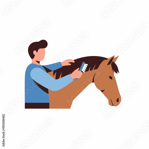 Professional groomer brushing horse mane in a stable environment