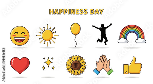 Graphic icons representing happiness smiley face sun balloon jumping person rainbow heart sparkles sunflower clapping hands and thumbsup