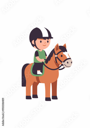 Cute cartoon illustration of a child riding a pony with helmet