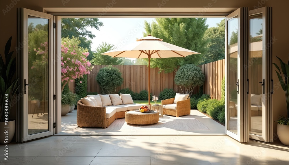 Fototapeta premium View from room through open bifold doors to sunlit patio, garden with rattan furniture, umbrella. Rich green plants, flowers create serene outdoor living space. Home interior connects seamlessly with