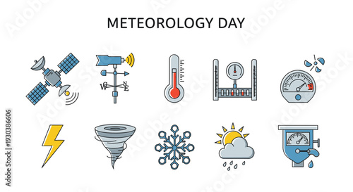 Meteorology Day icons showing weather instruments and phenomena in two rows