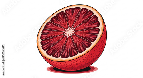 Vibrant red grapefruit half illustration with detailed texture and segmented interior on white background