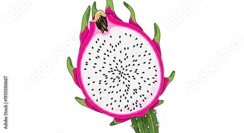 Dragon fruit cut open revealing white flesh with black seeds surrounded by green leaves on a white background vibrant pink skin