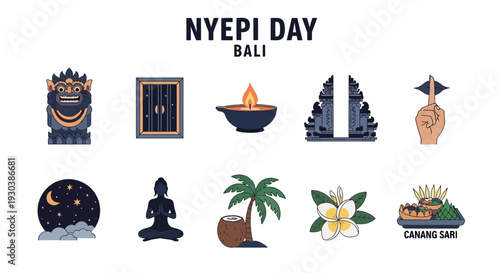 Nyepi Day Bali icons featuring Balinese culture and observance elements