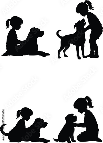 Black Silhouette Vector Set of a Little Girl Playing and Bonding with her Loyal Dog Isolated on White Background for Pet Care and Childhood Design