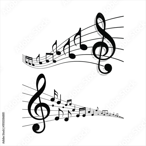 Flowing musical notes and treble clefs on white background Keywords: music, musical notes, treble