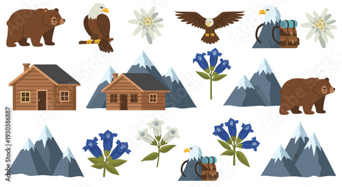 Alpine wilderness adventure with bears eagles mountains cabins and wildflowers for nature tourism and outdoor exploration themes