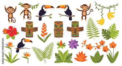 Jungle Paradise Collection Featuring Monkeys Toucans Tiki Masks Exotic Flowers and Lush Foliage