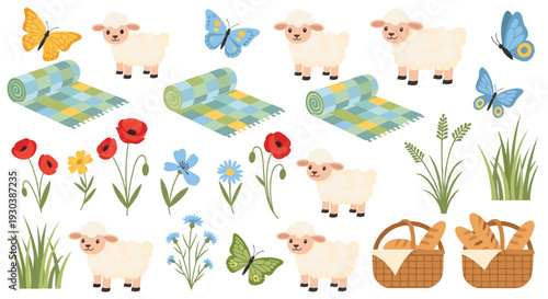 Charming illustration of fluffy sheep frolicking in a meadow with vibrant wildflowers and playful butterflies creating a delightful pastoral scene perfect for children's themes and spring celebrations