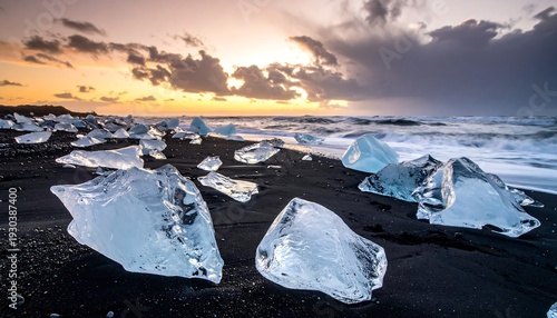 Icebergs on Diamond Beach in Iceland at Sunset.
