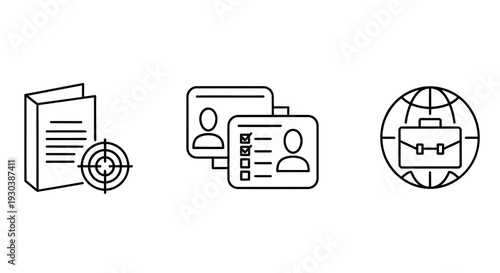 Minimalist business line icons with target ID badges briefcase, clean white background talent recruitment Concept