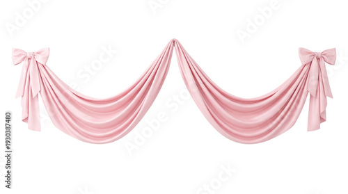Elegant light pink satin silk drape valance with tied bows on a transparent background
