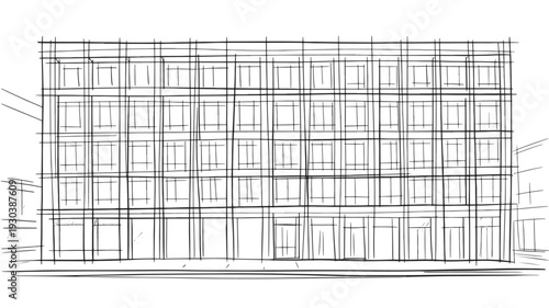Modern office building in architectural blueprint style with detailed grid lines and minimalist design for real estate marketing