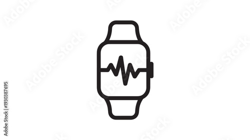 Smartwatch with heartbeat icon in minimalist design on white background with simple black outline for health and fitness app