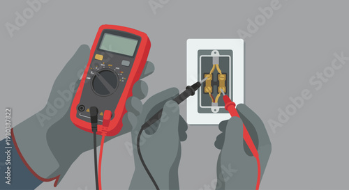 The Multimeter Check
Prompt: A close-up view of an electrician's hands in safety gloves holding a digital multimeter. The red and black probes are touching the terminals of an open wall outlet