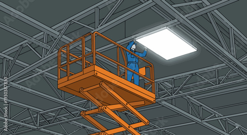 The High-Bay Warehouse Job
Prompt: An electrician standing on an elevated orange scissor lift platform, changing a large industrial light fixture high up in a warehouse ceiling. 