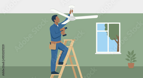 Ceiling Fan Installation An electrician balancing on a wooden stepladder, installing a modern three-bladed ceiling fan in a living room. 