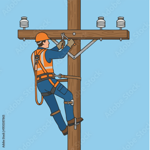 The Utility Pole Climb (Lineworker)
A lineworker electrician wearing climbing spurs and a safety harness, strapped halfway up a tall wooden utility pole. They are working on a crossarm
