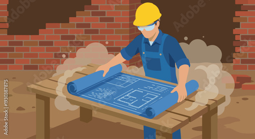 Reviewing the Blueprints
 An electrician wearing a hard hat and safety glasses, unrolling large blue blueprints on a makeshift wooden table at a dusty job site. 