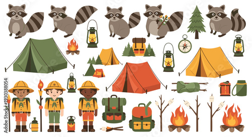 Cute Cartoon Raccoons Camping Adventure with Scouts and Forest Elements for Outdoor Recreation and Nature Exploration