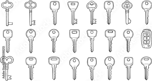 Set of diverse key icons in hand-drawn line art style. Collection features various old-fashioned, modern, house, skeleton, and car remote keys for security and access concepts.
