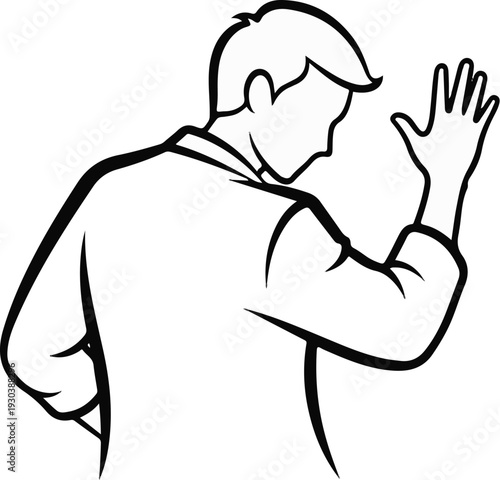 Stylized drawing of a person in profile, raising a hand in a greeting or acknowledgment