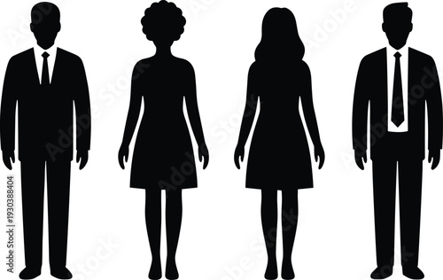 Black Silhouette Vector Set of Professional Business Men and Women Standing in Suits Isolated on White Background for Corporate Identity and Office Workplace Design