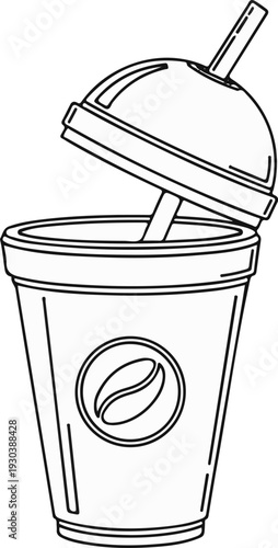 Stylized outline of a take-out beverage cup with a coffee bean logo