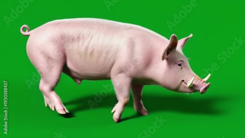 Pink pig with tusks walking on green background
