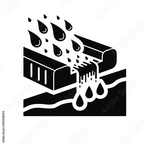 A black and white image of rain falling on a gutter