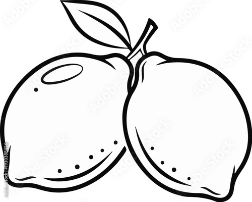 Two bright lemons with leaves on a white background