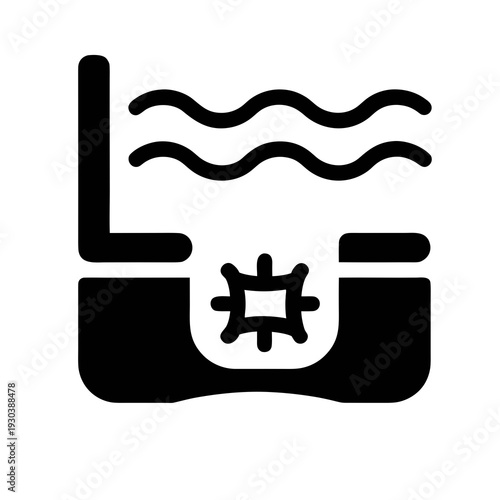 A black and white icon of a hot tub with wavy water lines